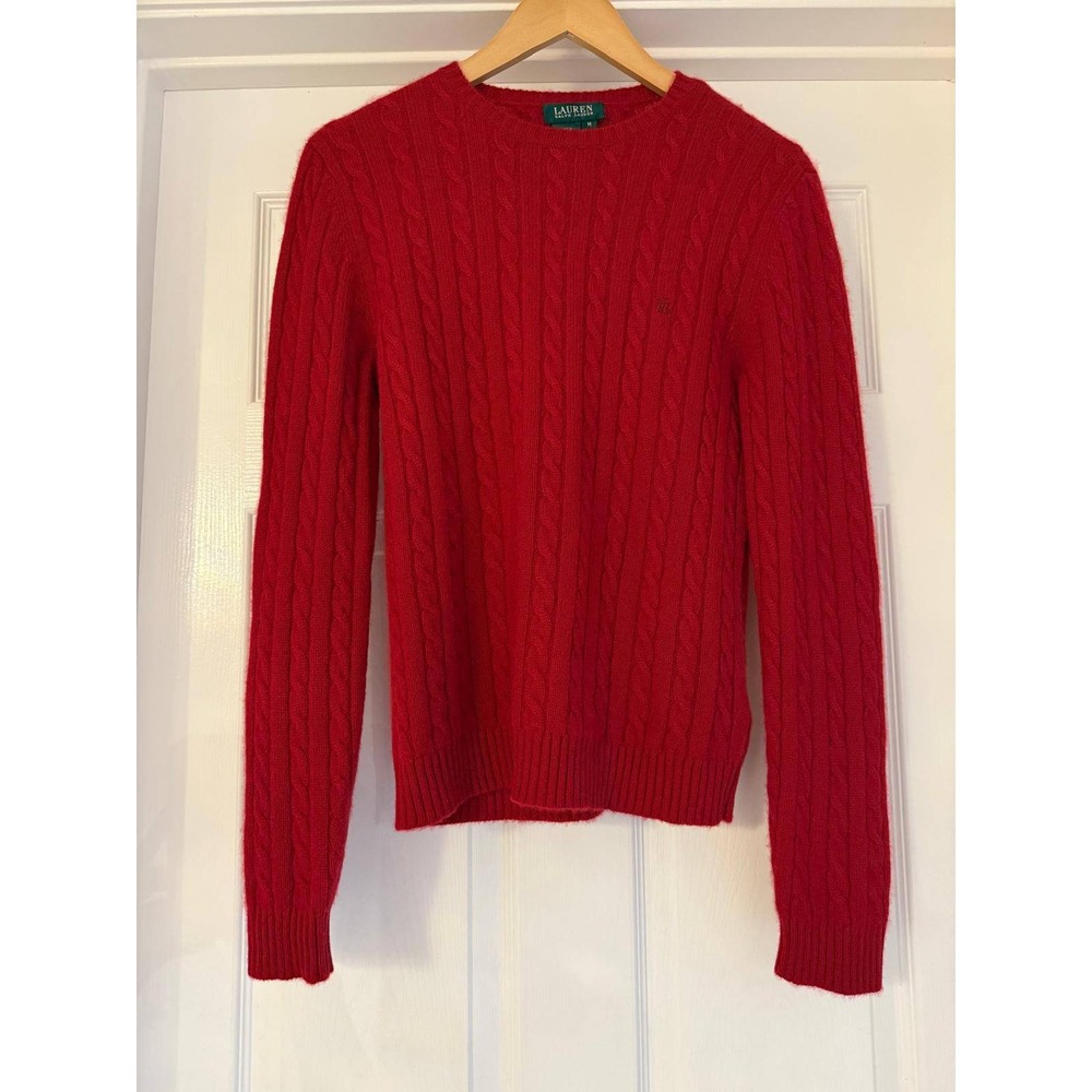 Lauren Ralph Lauren Red 100% Cashmere Cable Knit Crewneck Sweater Womens Medium